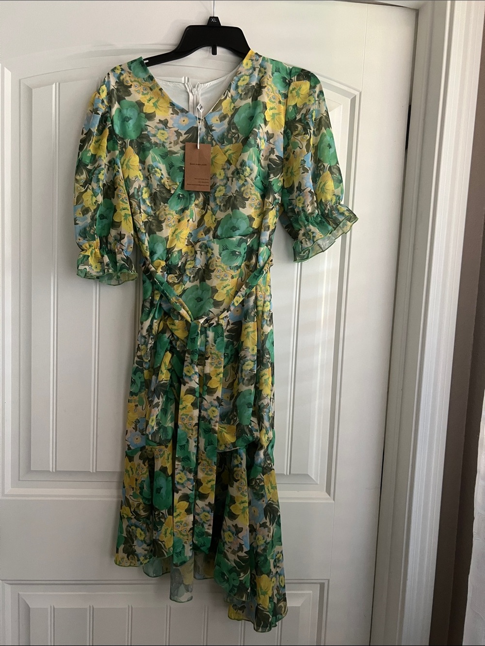 Floral Green & Yellow V-Neck Dress with Tie Waist